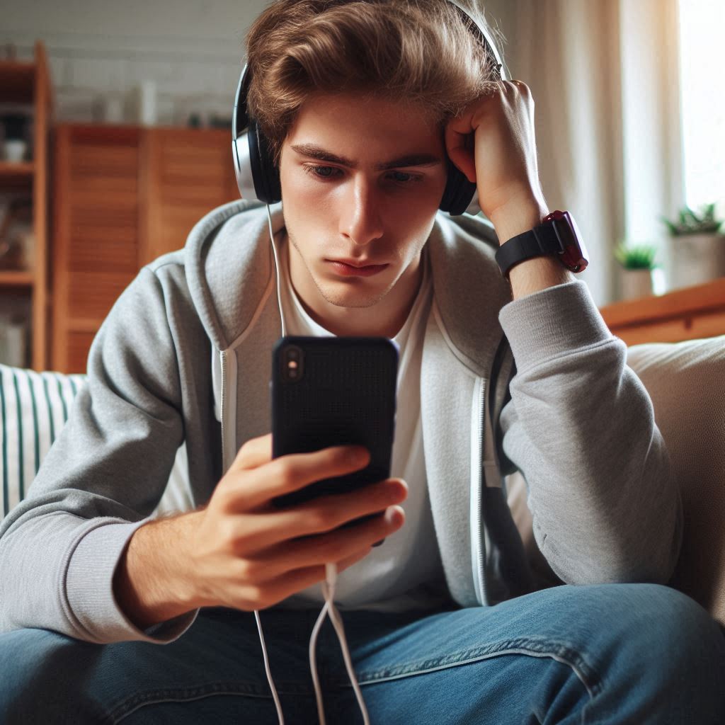 imagem de um jovem com fone treinando sua escuta com podcast em inglês no celular